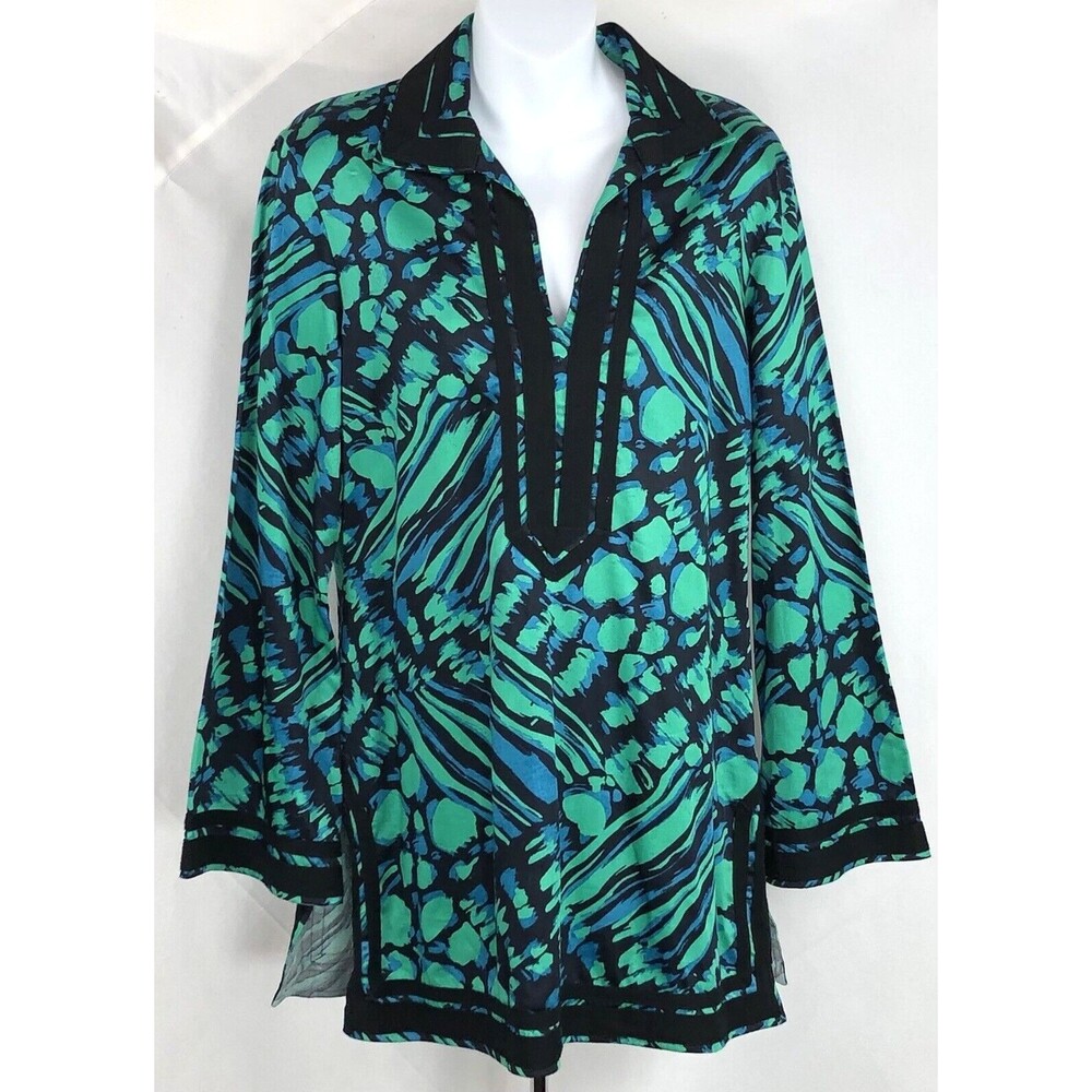 Dana buchman kimono tunic top m green blue geo collar flare sleeve abstract Art
